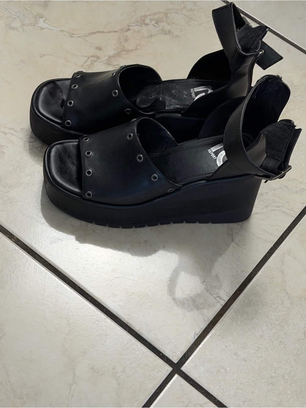 Report Black Platform Wedge Sandals with Ankle Strap